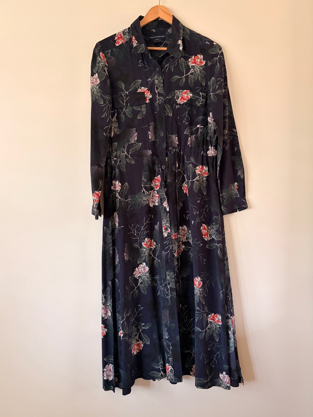 French Connection Navy Floral Button-Front Long Sleeve Midi Dress 4
